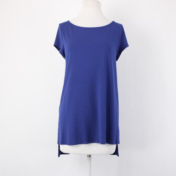 Eileen Fisher Top Sz M Navy Blue Hi Low Short Sleeve Basic Viscose Spandex Top - Picture 2 of 14